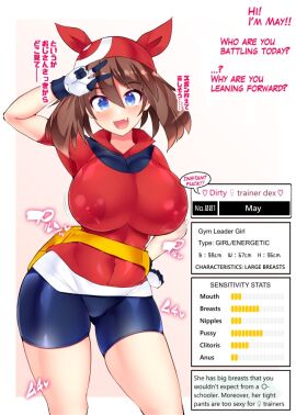 areolae_visible_through_clothing bike_shorts blue_eyes breasts brown_hair busty english_text female hisui_(stapspats) huge_breasts japanese_text may_(pokemon) metric_units nipples_visible_through_clothing pokemon spats stapspats text translated v_sign