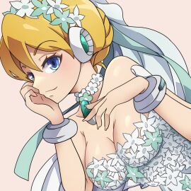 1girls alia big_breasts blonde_hair blue_eyes breasts bridal_alia_(x_dive) female flower_necklace gtmwd jpeg mega_man mega_man_x mega_man_x_dive robot_girl wedding_dress wedding_veil