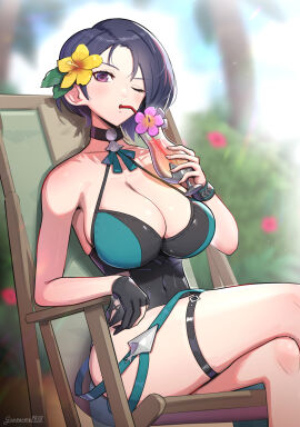 1girls absurdres alternate_costume athletic athletic_female bare_shoulders beach_chair big_breasts black_choker black_gloves black_hair black_one-piece_swimsuit black_swimsuit breasts casual_one-piece_swimsuit choker cocktail_glass commentary crossed_legs cup drinking drinking_glass drinking_straw female female_only fire_emblem fire_emblem:_three_houses fire_emblem_heroes flower gloves gonzarez goth goth_girl gothic green_one-piece_swimsuit hair_flower hair_ornament halterneck hibiscus highres holding holding_cup large_breasts looking_at_viewer nintendo official_alternate_costume one-piece_swimsuit one_eye_closed partially_fingerless_gloves purple_eyes revision shamir_nevrand shamir_nevrand_(summer) short_hair single_glove sitting solo swimsuit thigh_strap tropical_drink two-tone_swimsuit yellow_flower