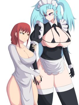 2girls akeno_(itsnafulol) arm_grab bikini_top blue_hair boob_window breasts chainsaw_man cleavage_cutout dress female gatopng hair_between_eyes hair_over_one_eye handholding height_difference huge_breasts lesbian looking_at_another maid maid_apron maid_bikini maid_headdress makima_(chainsaw_man) pink_eyes red_hair size_difference smile taller_female thighhighs twintails wide_hips yellow_eyes yuri