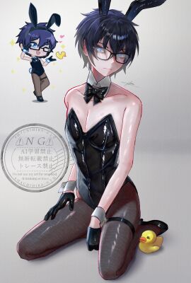 1boy 1male amachihiro_(artist) background black_hair black_high-heels black_high_heels blue_eyes blue_hair bodysuit boy bunny_boy bunny_costume bunny_ears bunnysuit duck femboy femboy_only feminine_body feminine_male feminine_pose feminized_male gacha gacha_art gacha_life gacha_life_2 glasses high_heels latex light-skinned_male light_skin looking_at_viewer luni_(lunime) lunime male male_only serious serious_face short_hair simple_background simple_shading sitting solo solo_focus solo_male stockings stockings_only stockings_thigh_highs twink