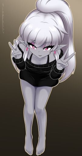bra_strap breasts busujimabibi clothed drow earrings elf elf_ears elf_female elf_girl exposed_shoulders female grey_body grey_skin indie_virtual_youtuber indie_vtuber jewelry looking_at_viewer nioartist no_pants peace_sign pointed_ears pointy_ears ponytail purple_eyes sitting small_breasts virtual_youtuber vtuber vtuberfanart white_hair