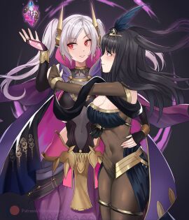2girls alternate_costume arm_around_waist black_hair black_shawl bodystocking brand_of_the_defile breasts bridal_gauntlets cape cleavage corruption covered_navel dark_persona dragonstone english_commentary evil_smile eyes_of_grima feather_hair_ornament feathers female female_only fire_emblem fire_emblem_awakening fire_emblem_heroes grey_hair grima_(fire_emblem) hair_ornament hand_on_hip hand_tattoo highres lilshironeko multiple_females multiple_girls nintendo official_alternate_costume possessed possession purple_cape red_eyes robin_(fire_emblem) robin_(fire_emblem)_(female) see-through see-through_cleavage shawl smile tattoo tharja_(fire_emblem) tiara twintails yuri