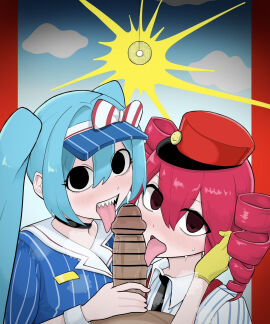1boy 2girls aqua_hair bar_censor black_eyes black_necktie blowjob blue_dress blue_hat blush censor_bar censored censored_penis collared_shirt dark-skinned_male dark_skin dress drill_hair fellatio female handjob hat hatsune_miku hypnosis hypnotizing_viewer interracial kagemono_(inte_18) kasane_teto licking licking_penis long_hair male mesmerizer_(vocaloid) mesmerizer_miku mesmerizer_teto mv_character necktie penis penis_lick pink_eyes pink_hair pov red_hat sharp_teeth straight striped_bow striped_dress striped_shirt tongue twin_drills twintails utau visor_cap vocaloid white_shirt