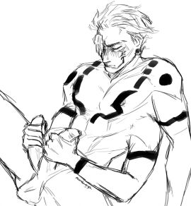 4_arms balls blush closed_eyes diphallia diphallism erection jujutsu_kaisen male masturbation multi_arm multi_genitalia multi_limb multi_penis muscular muscular_male penis ryoumen_sukuna_(jujutsu_kaisen) solo_focus solo_male tattoo testicles usuratongaychi