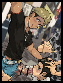 1boy artist_request assisted_fellatio censored colored fully_clothed male_only masculine penis