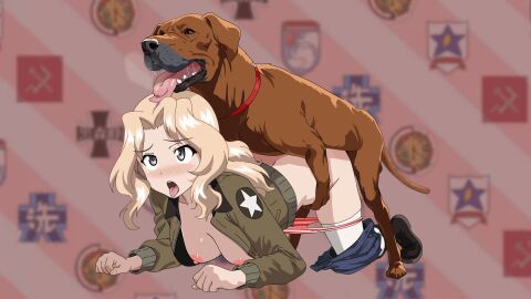 1boy 1dog 1girls animated balls blonde_hair blue_eyes blush breasts breasts_out canid canine canis doggy_style domestic_dog female female_on_feral feral feral_on_female from_behind from_behind_position girls_und_panzer human human_on_feral kay_(girls_und_panzer) live2d male male_on_human on_all_fours panzer_hound sex straight tongue tongue_out topwear zoophilia