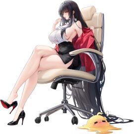 1girls ahoge alvitr_(azur_lane) alvitr_(muspel's_torrid_secrets)_(azur_lane) armpits artist_request azur_lane bare_legs bare_shoulders black_background black_footwear black_hair black_skirt blush breasts cg chair collared_shirt crossed_legs female female_only full_body heels high-waist_skirt high_heels huge_breasts jacket large_breasts legs long_hair looking_at_viewer louboutin_(shoes) manjuu_(azur_lane) miniskirt office_chair official_alternate_costume official_art open_clothes open_jacket pencil_skirt red_bottom_heels red_eyes red_jacket shirt shirt_tucked_in sideboob simple_background sitting skirt sleeveless sleeveless_shirt solo stiletto_heels swivel_chair thighs tongue very_long_hair white_shirt