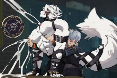 abs anthro big_pecs biped blush bodily_fluids breasts canid canine canis clothed clothing erect_nipples fingers fur furry gay human human_on_anthro idoraad lactating lactation lilprincyvi male male_focus male_lactation male_only mammal masculine_male milking milking_breasts muscular muscular_anthro muscular_male nipple_fetish nipple_play nipples pecs projectile_lactation smile tail tuft victoria_housekeeping von_lycaon white_body white_fur wise_(zenless_zone_zero) wolf yaoi zenless_zone_zero