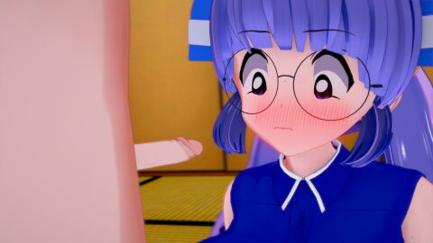 1boy 1girls average_sized_penis blush embarrassed female glasses gluko koikatsu male mon_colle_knights penis penis_awe purple_eyes purple_hair tagme