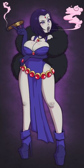 arrogant bimbo bimbofication cigar cigarette dc dc_comics dress female fur_coat high_heel_boots high_heels hypnosis mind_control platform_heels purple_dress purple_hair raven_(dc) rich_female smoking tagme teen_titans wrenzephyr2