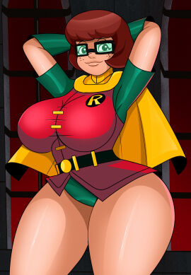 1girls batman_(series) big_breasts breasts brown_hair busty cosplay crossover dc dc_comics female female_only freckles glasses hanna-barbera robin_(carrie_kelley) robin_(dc) robin_(dc)_(cosplay) scooby-doo scooby-doo!_&_batman:_the_brave_and_the_bold scooby-doo!_and_batman:_the_brave_and_the_bold short_hair sonson-sensei the_dark_knight_returns velma_dinkley wide_hips