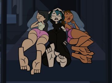 2d 3girls accurate_art_style ass barefoot bed big_feet closed_eyes courtney_(tdi) dark-skinned_female dark_skin dzk feet female female_only foot_focus full_color gwen_(tdi) heather_(tdi) light-skinned_female light_skin multiple_females multiple_girls night no_penetration sleeping thick_thighs tied_hair total_drama_(series) total_drama_island