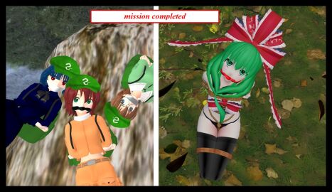 3d 4girls bondage female gag gagged green_eyes green_hair kagiyama_hina multiple_females multiple_girls pavro touhou