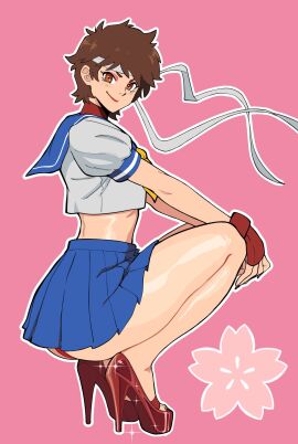 1girls ass blush brown_eyes brown_hair capcom female female_focus female_only gloves handwear headband headwear heels high_heels legs light-skinned_female light_skin looking_at_viewer octavius_dp painted_nails painted_toenails pantyshot sakura_kasugano school_uniform schoolgirl short-haired_female short_hair simple_background skirt stiletto_heels street_fighter thick_thighs thighs tomboy very_high_heels video_game