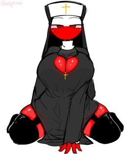 1girls artist_name artist_signature big_breasts boob_window breasts breasts_bigger_than_head countryhumans countryhumans_girl cross female female_focus female_only huge_breasts kak0yt0_chel knee_boots kneehighs kneeling kneeling_female looking_at_viewer nun nun_outfit on_knees poland_(countryhumans) red_eyes tagme twitter_handle twitter_username white_background