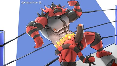 16:9 4k abs absurd_res anthro areola armpit_hair bara biceps bodily_fluids body_hair erection fighting_ring fur generation_7_pokemon genital_fluids genitals hi_res incineroar male muscles nintendo nipples pecs penis pokemon pokemon_(species) precum solo vein veiny_muscles veiny_penis vulgargeist widescreen wrestler yaoi