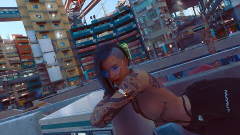 1girls 3d bikini bikini_top breasts breasts_out cyberpunk_2077 female female_focus female_only panties tattoo v_(cyberpunk_2077) valerie_(cyberpunk_2077) white_hair