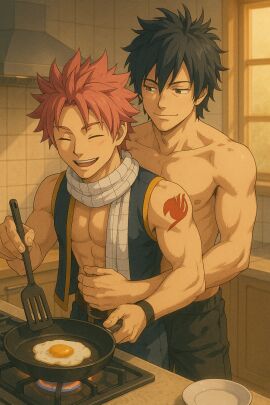 ai_generated fairy_tail gay gray_fullbuster hugging_from_behind male natsu_dragneel shirtless_male