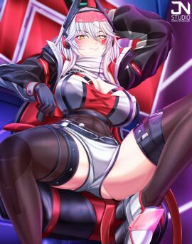 1girls ass_cheeks ass_visible_from_the_front ass_visible_through_thighs breasts butt_cheeks butt_fang clothed female from_below jnstudio large_breasts looking looking_at_viewer shorts sitting solo spread_legs thighhighs virtual_youtuber vshojo zentreya zentreya_(cyborg) zentreya_(cyborg)_(zen_2.0)