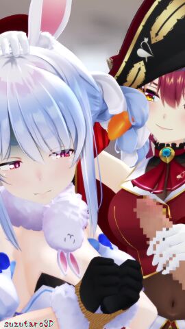 1boy 2girls 3d animal_ears artist_name black_gloves blue_hair blush censored clothed_female_nude_male clothing cum cum_on_face ejaculation ffm_threesome gloved_handjob handjob heterochromia hololive hololive_fantasy hololive_japan houshou_marine indoors light-skinned_female light-skinned_male light_skin mosaic_censoring penis pirate pirate_girl pirate_hat questionable_consent red_eye red_eyes red_hair restrained room rope sound suzutaro3d tagme threesome tongue tongue_out unwilling usada_pekora video virtual_youtuber white_gloves yellow_eye