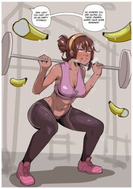 banana bare_shoulders blush breasts brown_eyes brown_hair cleavage dark-skinned_female dark_skin egg english_text exercise female frying_pan hairband heavy_breathing large_breasts meme midriff navel nose_blush pancake pants phallic_symbol short_hair sneakers solo speech_bubble spoken_heart sports_bra sweat thought_bubble yellow_hairband yoga_pants