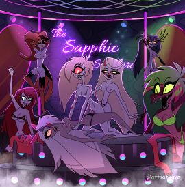 1_eye angel angel_humanoid anthro artsofkaye background_character big_breasts bikini blonde_hair blush bodily_fluids breasts brown_hair charlie_morningstar cherri_bomb_(hazbin_hotel) clothing cyclops demon demon_humanoid dinosaur eye_patch eyewear fangs female female/female female_penetrated female_penetrating female_penetrating_female fish genital_fluids genitals green_eyes green_hair grey_body group hair hazbin_hotel hellaverse hi_res human humanoid looking_pleasured mammal marine missi_zilla nipples nude open_mouth open_smile orange_hair penetration pole prehistoric_species purple_body reptile scalie sex sex_toy smile stomach_bulge strapon strapon_sex stripper_pole swimwear teeth thick_thighs toying_partner two-piece_swimsuit vaggie_(hazbin_hotel) vaginal_fluids vaginal_penetration vulva white_hair