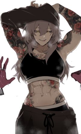 1girls 1other abs ambiguous_gender biting_tongue clothes_lift dripping_sweat female flower_tattoo hands_up honkai:_star_rail kafka_(honkai:_star_rail) long_hair masoq095 muscular muscular_female pants smile solo_focus sports_bra steam stelle_(honkai:_star_rail) sweat sweatdrop sweatpants tattoo tattoos toned toned_female yuri