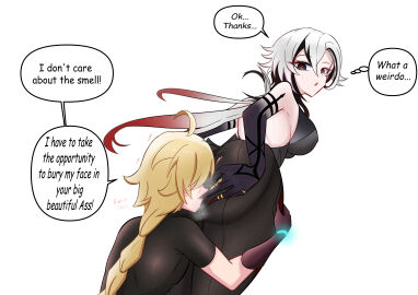 1boy 1girls aether_(genshin_impact) arlecchino_(genshin_impact) ass color dialogue drawing english_text facesitting fat_ass female fetish genshin_impact long_hair male mihoyo straight taller_female text thick_thighs unknown_artist