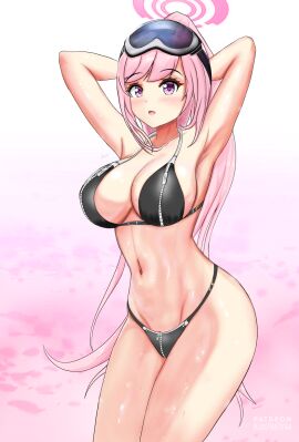 blas7hatvga blue_archive breasts eimi_(blue_archive) eimi_(swimsuit)_(blue_archive) exhibitionism fanart female outdoors pink_hair purple_eyes zipper zipper_bikini zipper_panties