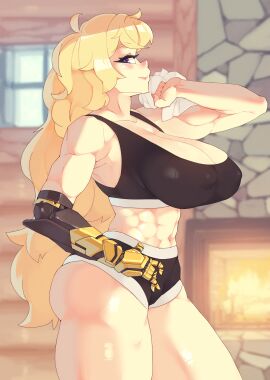 1girls abs alternate_version_available blonde_female blonde_hair cleavage female gym gym_clothes gym_shorts gym_uniform hand_on_hip long-haired_female long_hair purple_eyes robotic_arm rooster_teeth rtil rwby short_shorts solo_female towel yang_xiao_long