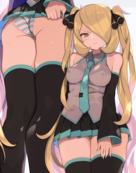 1girls alternate_version_available arm_warmers armwear ass ass_focus black_thighhighs blonde_hair blue_nails blush bow_panties breasts breasts_focus cosplay creatures_(company) cynthia_(pokemon) embarrassed exposed_shoulders exposed_thighs female female_only game_freak hairtie hatsune_miku hatsune_miku_(cosplay) long_hair miniskirt multiple_views nail_polish nails_painted nintendo nipples_visible_through_clothing panties pantsu pantyshot pokemon pokemon_(anime) pokemon_(game) pokemon_dppt simple_background skirt socks solo spring2013 striped_panties sweatdrop thighhighs thighs tie twintails underwear upskirt