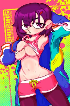 angry athletic athletic_female brown_hair female lifting_shirt mikazuki_shizuka pinup purple-haired_female purple_eyes purple_hair solo solo_female solo_focus super_jumbo sweat sweatdrop sweating sweaty zom_100:_zombie_ni_naru_made_ni_shitai_100_no_koto