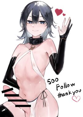 1boy balls bar_censor bare_shoulders belly belly_button blue_eyes blush censored censored_penis collar erection femboy grey_hair hi_res latex_gloves latex_stockings latex_thighhighs light-skinned_male light_skin loincloth loincloth_aside long_gloves looking_at_viewer male male_only milestone_celebration navel nipples_visible_through_clothing original original_character penis smile stockings stomach thighhighs thighs udonya613 waving