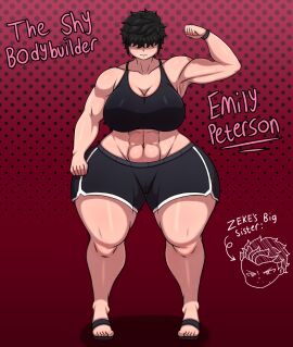 1girls abs black_hair bodybuilder breasts character_profile clothed female female_only flexing flexing_bicep full_body hair_covering_eyes highres jackov large_breasts light-skinned_female light_skin mommy muscular muscular_female oc short_hair shy sibling simple_background sister solo sports_bra sports_shorts sportswear thick_thighs tomboy very_short_hair wide_hips