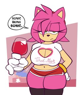 1boy 1girls amy_rose anthro big_breasts boob_window breasts busty cleavage dialogue drink female furry large_breasts legwear looking_at_viewer male monamania shirt shorts sleeping solo sonic_(series) sonic_the_hedgehog sonic_the_hedgehog_(series) text text_on_clothing thick_thighs tired tired_expression unamused wide_hips wine_glass