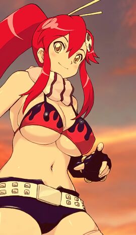 1girls big_breasts bikini bikini_top_only breasts busty cleavage covered_erect_nipples female female_only fingerless_gloves gloves large_breasts legs long_hair looking_at_viewer midriff navel ponytail red_hair scarf short_shorts shorts sideboob sitting smile solo swimsuit tengen_toppa_gurren_lagann thick_thighs thighs voluptuous yellow_eyes yoko_littner