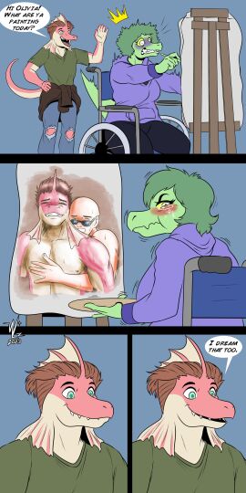 1:2 2023 5_fingers absurd_res anthro athletic athletic_anthro athletic_male bald baryonyx biped black_bottomwear black_clothing black_pants blue_background blue_bottomwear blue_clothing blue_pants blush bodily_fluids bodyguard_position bottomwear brown_hair canvas cavemanon_studios clenched_teeth clothed clothed_anthro clothed_male clothing colored comic damien_payne denim denim_bottomwear denim_clothing dialogue dilophosaurid dilophosaurus dinosaur disability duo embarrassed english_text eyebrows eyewear female fin fingers frill_(anatomy) from_behind_position green_body green_clothing green_eyes green_hair green_scales green_shirt green_topwear grey_eyes hair hand_on_chest hi_res hoodie human human_on_anthro humanoid_hands hybrid i_wani_hug_that_gator! inco_(iwhtg) interspecies jeans long_tail looking_pleasured male male/male mammal medium_hair motion_lines multicolored_body multicolored_scales nipples olivia_halford open_mouth painting painting_(object) paladin095 pants paraplegic pink_body pink_scales prehistoric_species purple_clothing purple_hoodie purple_topwear reptile scales scalie sex shaking sharp_teeth shirt short_hair signature simple_background sitting speech_bubble spinosaurid spinosaurus standing standing_sex sunglasses surprised sweat tail tears teeth text theropod topless topless_anthro topless_human topless_male topwear torn_bottomwear torn_clothing torn_pants two-tone_body two-tone_scales vehicle wearing_sunglasses wheelchair white_body white_scales wide_eyed yellow_sclera