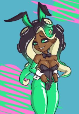 beauty_mark big_breasts black_eyebrows black_leotard blue_background bowtie bowtie_collar breasts bunny_ears bunnysuit cameltoe cleavage colored_fingers cropped cropped_legs dark-skinned_female dark_skin easter_bunny female glistening glistening_body gummidx huge_breasts inkling inkling_girl large_breasts leotard long_hair long_sleeves looking_away marina_(splatoon) nintendo pantyhose pointy_ears pussy shaded simple_background smile splatoon splatoon_2 tagme teal_eyes teal_legwear tentacle_hair