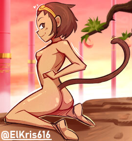 breasts brown_eyes brown_fur brown_hair capcom elkris616 female gold_hairband gold_jewelry hair_ornament headwear jewelry kemonomimi kneeling marvel marvel_comics marvel_vs._capcom marvel_vs._capcom_2 monkey_girl monkey_tail nude petite small_breasts smile sonson