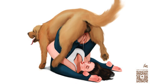 1dog 1girls balls balls_deep ballsack brown_hair canid canine canis child_bearing_hips closed_eyes cum cum_in_mouth cum_in_pussy cum_inside cum_leak cum_leaking cum_leaking_out_of_pussy cum_on_face dog domestic_dog feet female female_human female_on_feral feral feral_on_female feral_on_human feral_penetrating feral_penetrating_human foot_straps golden_retriever interspecies interspecies_fuck interspecies_impregnation interspecies_relationship interspecies_sex knot knotted lupaningyo male male_dog mammal open_mouth paws pussy qr_code signature sole_female tail tank_top torn_clothes torn_legwear white_background white_tank_top yoga yoga_pants zoophilia