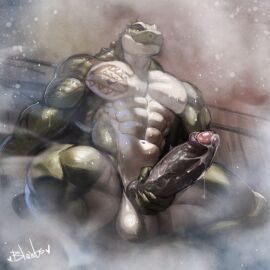 1:1 abs anthro anthro_only balls biceps big_balls big_pecs big_penis bleats bodily_fluids borrowed_character crocodile crocodilian crocodylid dripping foreskin genital_fluids genitals green_body hand_on_penis head_spikes hi_res huge_cock humanoid_genitalia humanoid_penis looking_at_viewer male masturbation multicolored_body muscular muscular_male muscular_thighs nude original original_character pecs penis precum precum_drip reptile sauna scalie sitting smile solo spikes spikes_(anatomy) steam sweat tan_body tarik_(rivanzlatan) tattoo thick_thighs two-tone_body uncircumcised yellow_eyes