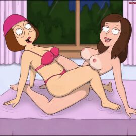 alana_fitzgerald bed bedroom big_breasts bra brown_hair family_guy glasses hat lingerie meg_griffin panties scissoring scissors talking trib tribadism tribbing yuri