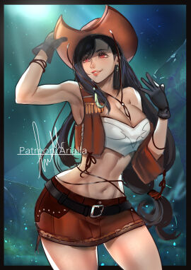 1girls alternate_costume arialla_draws belt big_breasts black_hair breasts cleavage cowboy_hat cowgirl_hat cowgirl_outfit earrings female female_only final_fantasy final_fantasy_vii gloves hi_res long_hair midriff midriff_baring_shirt navel red_eyes skirt smile solo solo_female tifa_lockhart
