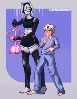 1boy 1girls barefoot black_and_white_hair black_hair blush body_markings dolphin_shorts embarrassed female full-face_blush full_body fully_clothed grey_body grey_skin gym_shorts height_difference jiruo larger_female light-skinned_female light_skin lingerie made_in_abyss male mutantshrimp nervous ozen pale-skinned_female pale_skin short_hair short_shorts shorter_male shorts size_difference smaller_male smile sports_bra sportswear standing sweat taller_female thick_thighs two-tone_hair white_hair