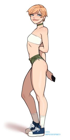 1girls andrea_summers bandeau blonde_hair blue_eyes booty_shorts denim_shorts female female_only flat_chest footwear full_body jean_shorts knees legs long_socks looking_at_viewer minishorts mrpotatoparty original short_hair short_shorts shorts side_view skinny slim smiling smiling_at_viewer sneakers socks solo standing stomach thick_thighs topwear white_background younger_female