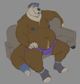 anthro belly blue_eyes blue_hair blue_nipples blue_tongue brown_fur couch furry furry_only horrorbuns looking_at_viewer male male_only moobs navel nipples open_mouth otter overweight overweight_male purple_underwear sitting tongue