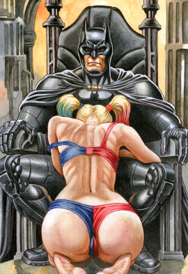 ass back_view batman batman_(bruce_wayne) batman_(series) bruce_wayne dc dc_comics female harley_quinn implied_oral implied_sex kneeling male male/female submissive submissive_female throne twintails underwear yuranart