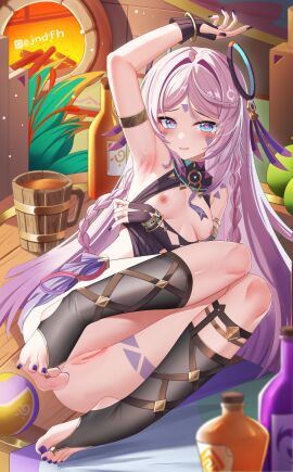 1girls absurdres arm_up armband armpits artist_name bare_shoulders black_gloves black_nails blush braid breasts breasts_apart censored chinese_commentary citlali_(genshin_impact) commentary_request electro_symbol_(genshin_impact) embarrassed facial_mark female fingerless_gloves fingernails forehead_mark full_body genshin_impact geo_symbol_(genshin_impact) gloves highres jewelry jndfh light_frown long_hair looking_at_viewer mosaic_censoring nail_polish nipples painted_toenails parted_bangs partial_commentary pink_hair pink_pupils presenting_armpit purple_nails pussy sitting small_breasts solo solo_female stirrup_legwear sweaty_armpits tankard tearing_up toe_ring toeless_legwear toenail_polish toenails toes very_long_hair