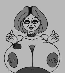 1boy areolae big_breasts black_body breasts child's_play dark-skinned_male dark_skin doll erect_nipples fat female interracial kaxta living_sex_toy male nightmare_waifu nipples pierced_nipples pov simple_background smiling_at_partner straight tiffany_valentine-ray titjob